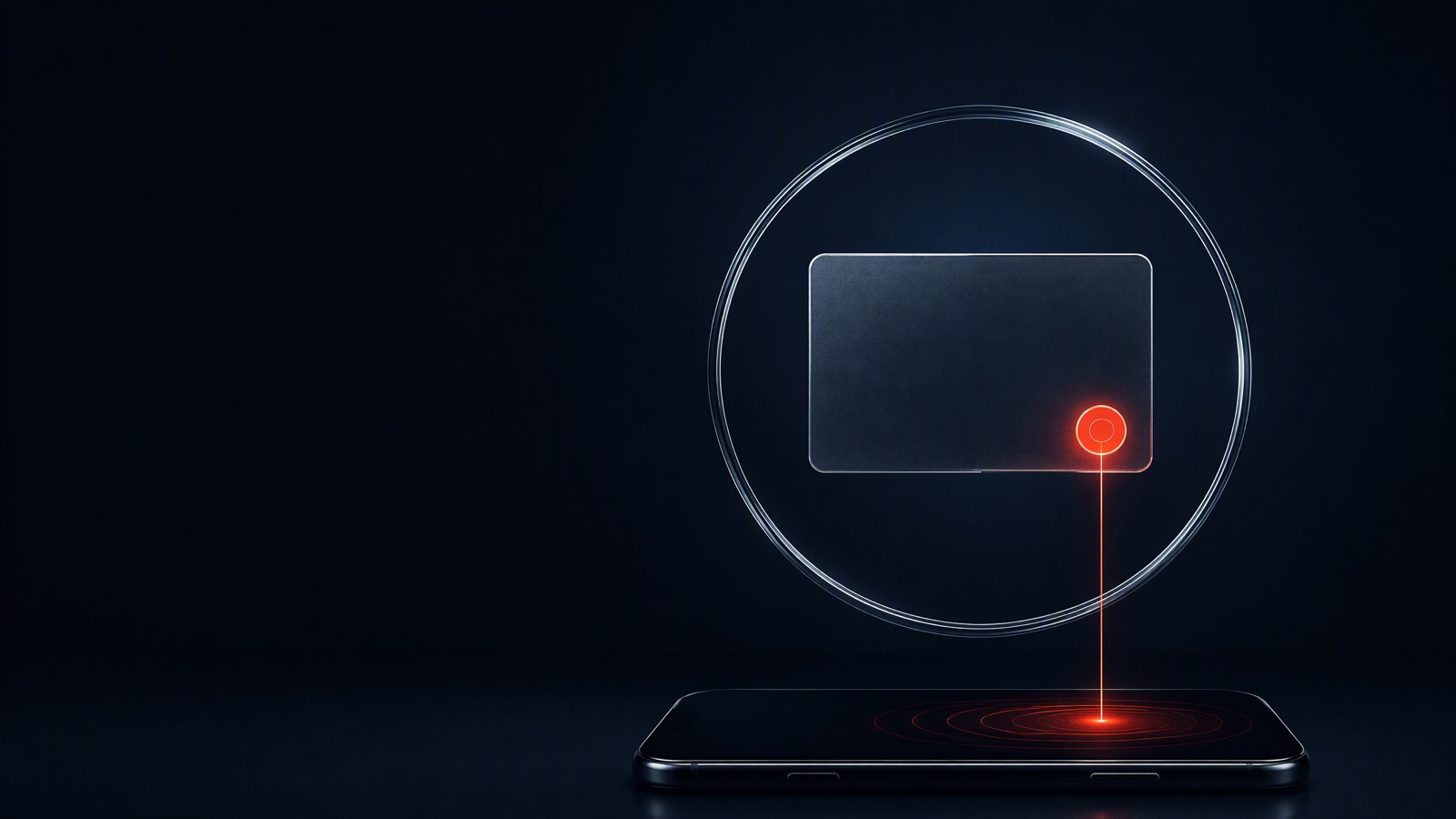 A glass payment card held at a gate inside a thin ring, with a fine vermilion thread running to a tap on a phone